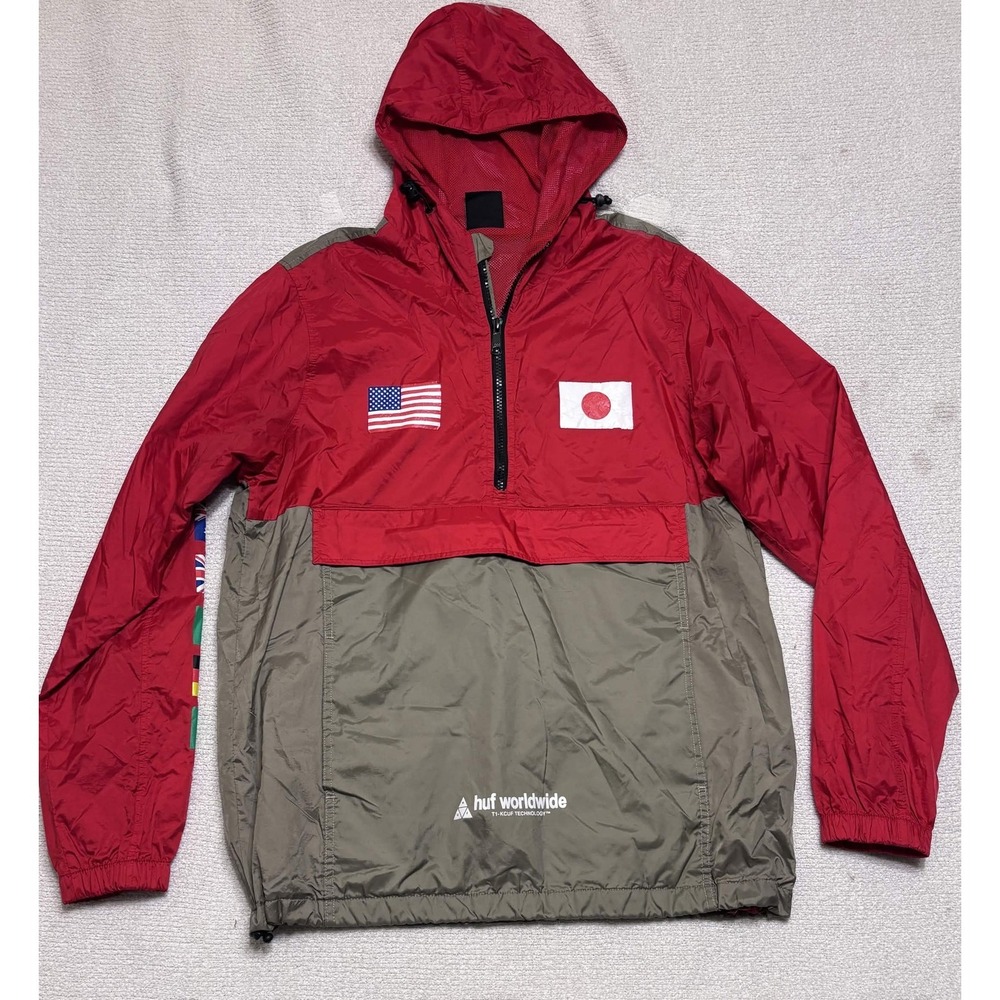HUF Mens T1-KCUF Technology Windbreaker Jacket Red Olive Flags Size S